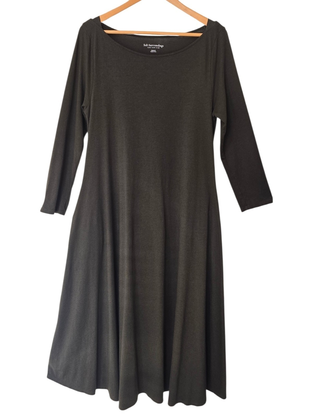 Soft Surroundings Pima Cotton Dark Olive 3/4 Sleeve Midi Dress XL Petite Soft